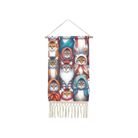 Babushka Cats Fringed Linen Hanging Art