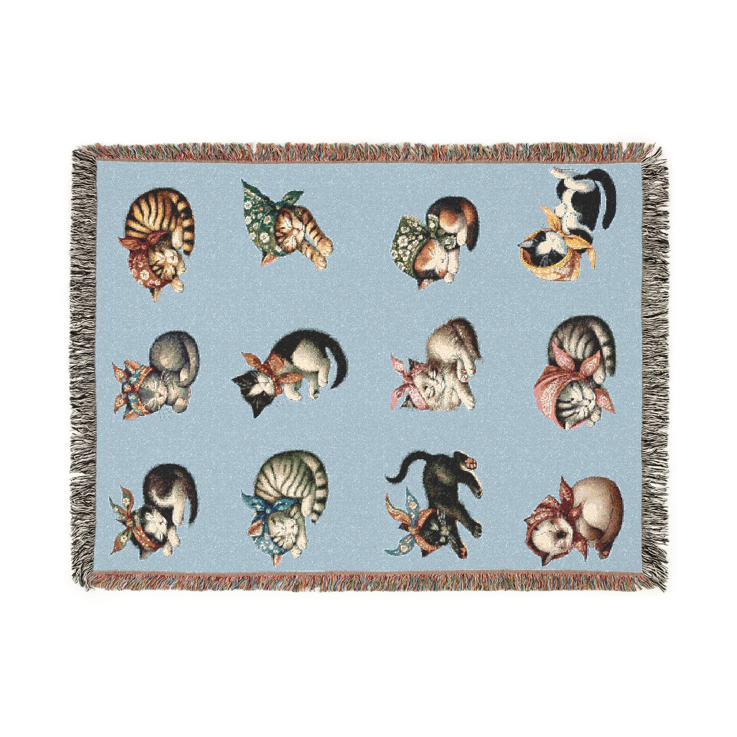 Babushka Kittens Sleep Folk Art Woven Blanket