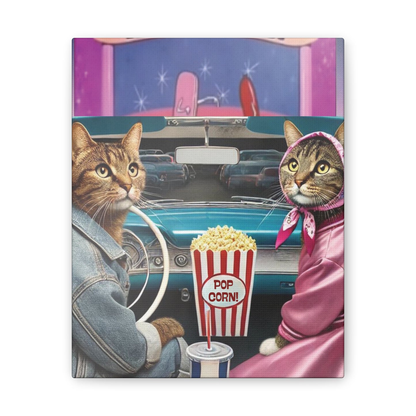 Drive-In 50's Cats, Pink Lady,  Babushka Cat Kitschy Cat Wall Art,  Canvas Wall Art, Nostalgic 50's Art