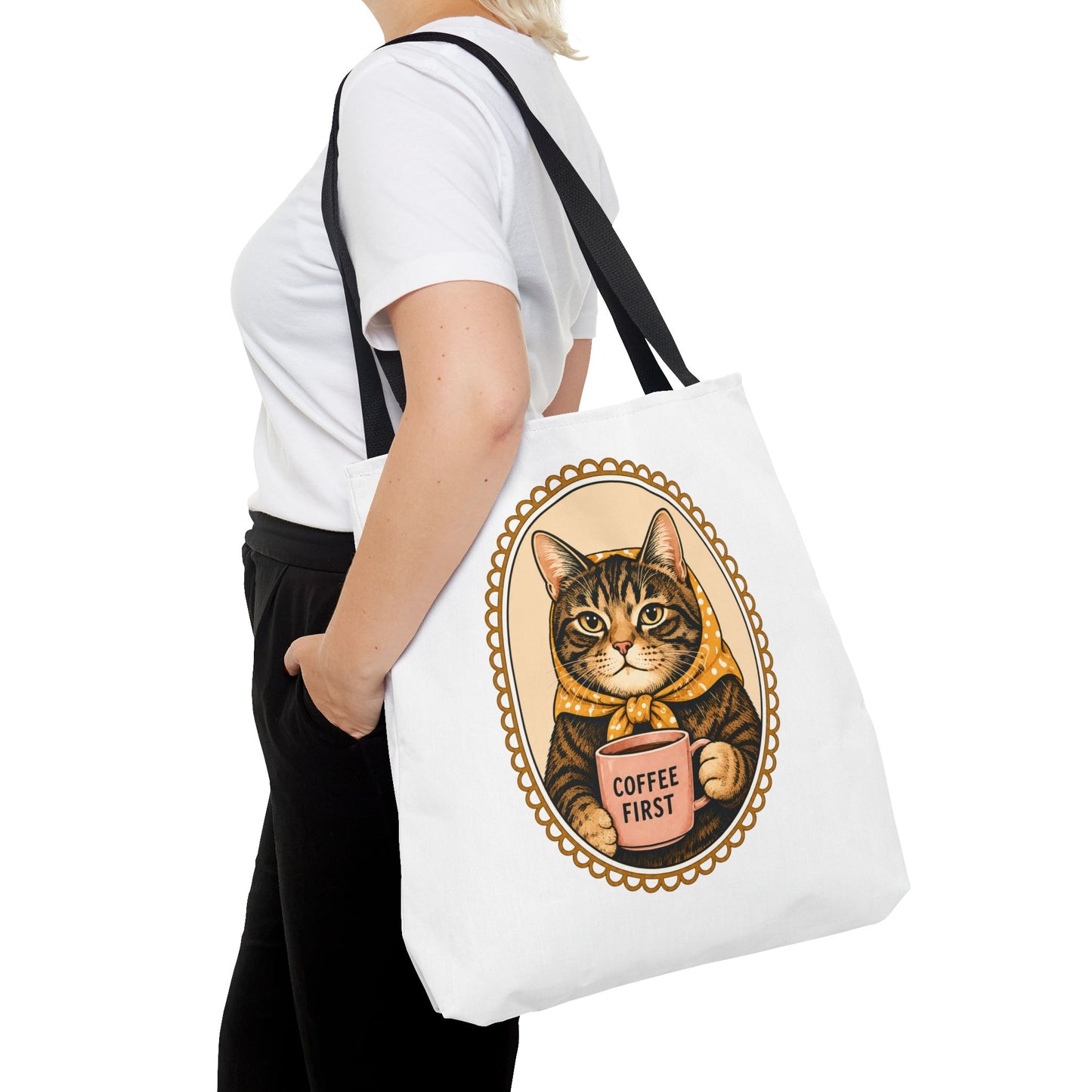 Babushka Cat Coffee First Cameo Tote Bag