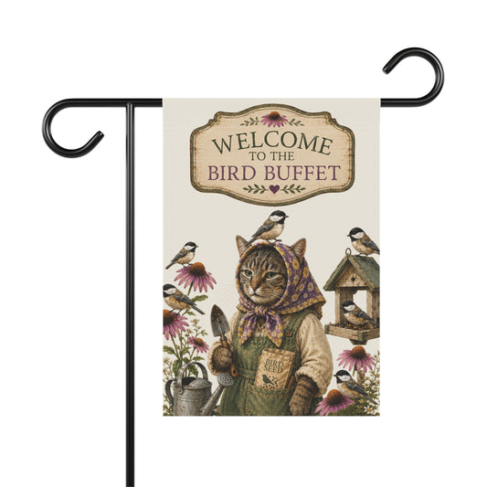 Babushka Cat and the Birds Humor Garden Flag (no pole)