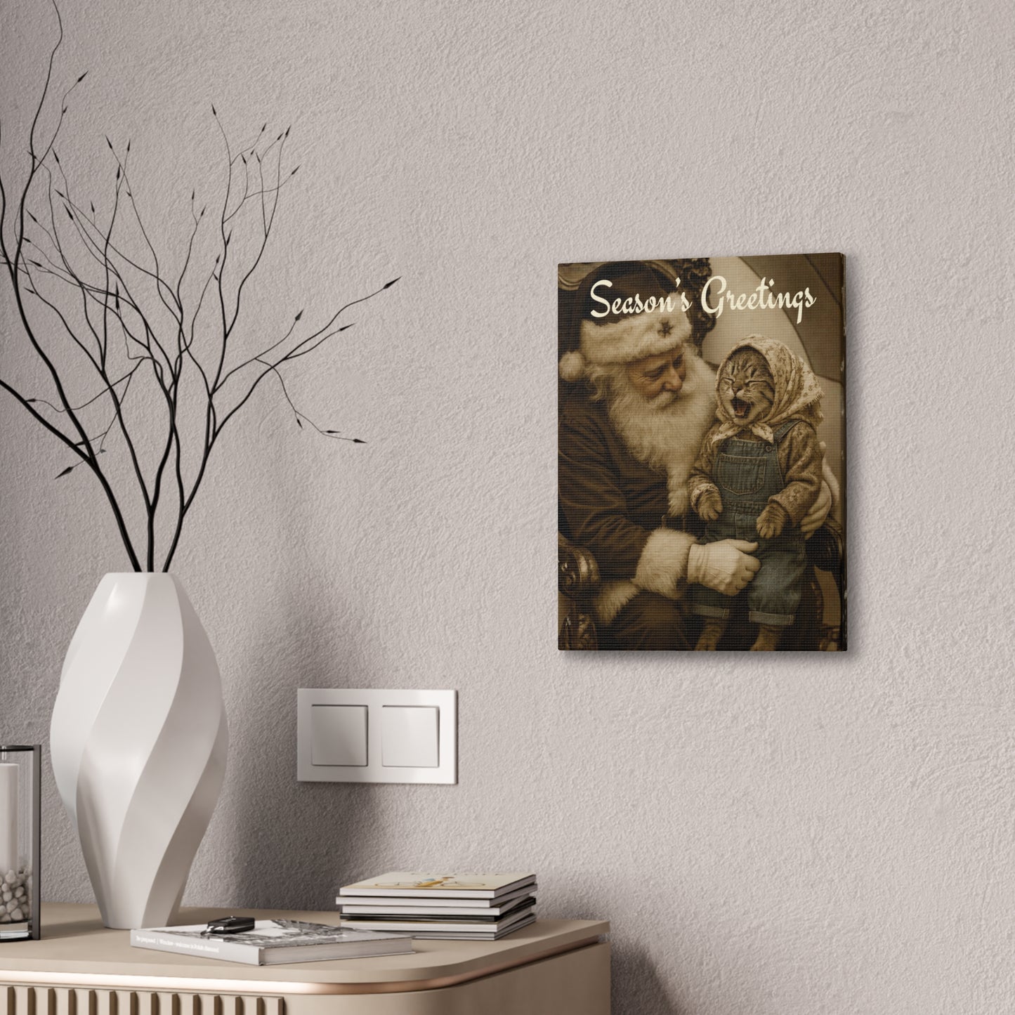 Babushka Cat on Santa's Lap Nostalgic Kitschy Cat Art Canvas