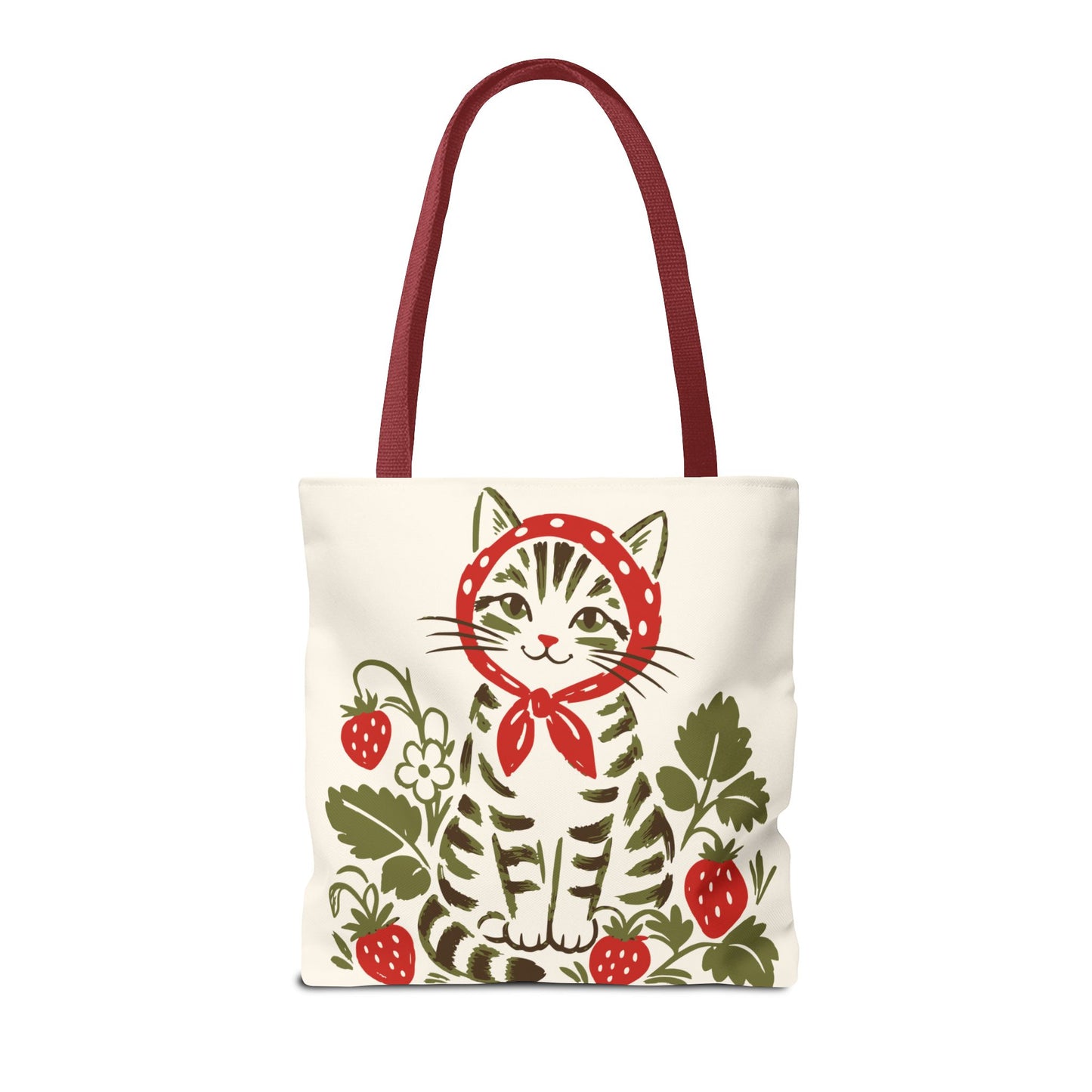 Babushka Cat Strawberry Patch Tabby Cat Tote Bag (AOP)