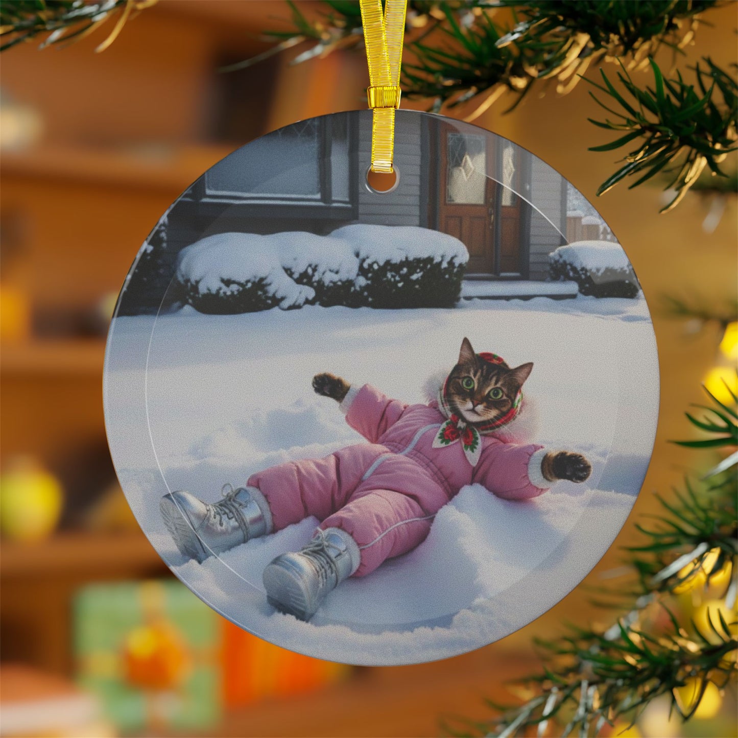 Babushka Cat Snow Angel Glass Ornament