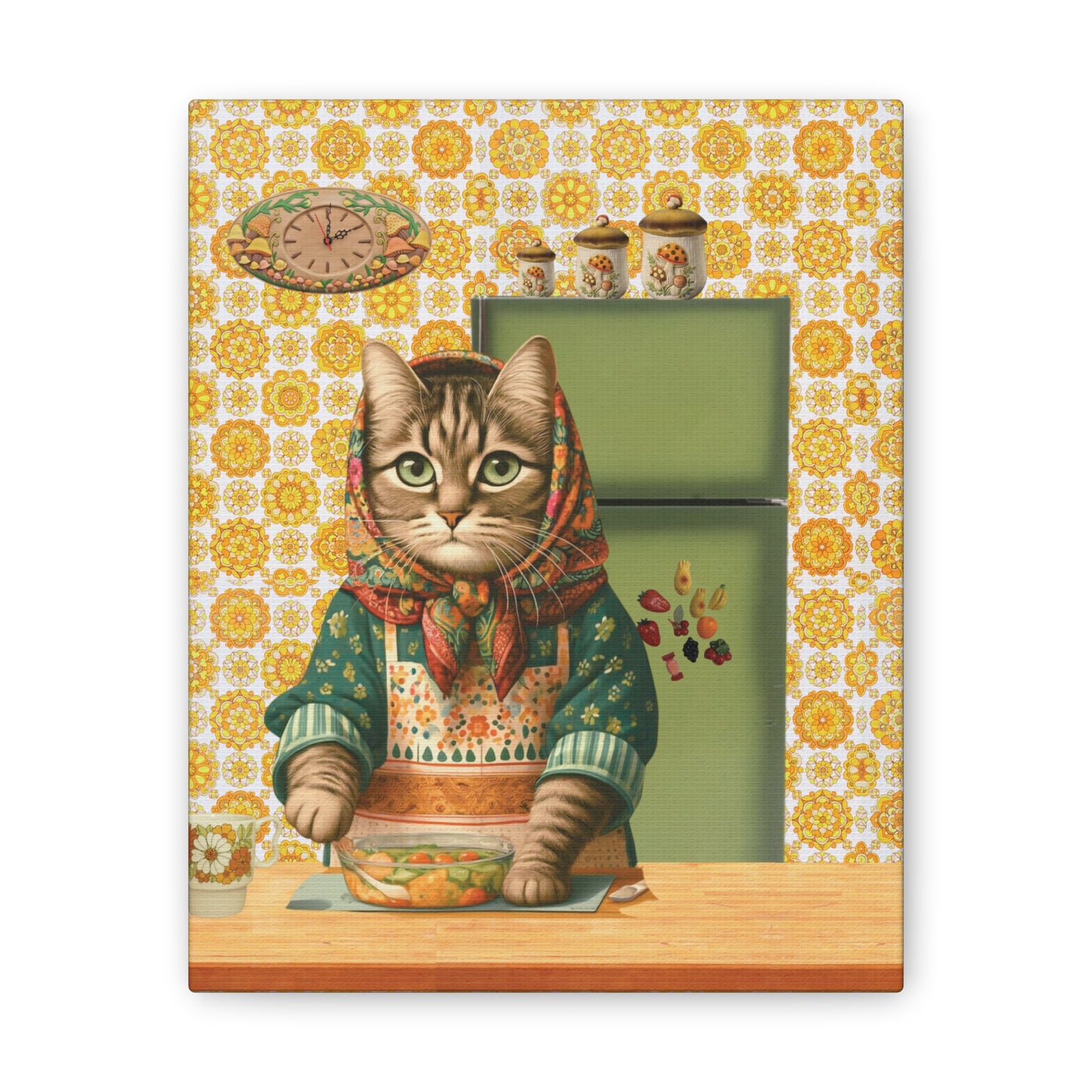 Kitschy Kitchen Cat 70's Art, Cat in the Kitchen 70's Musrhoom Decor Canvas Wall Art