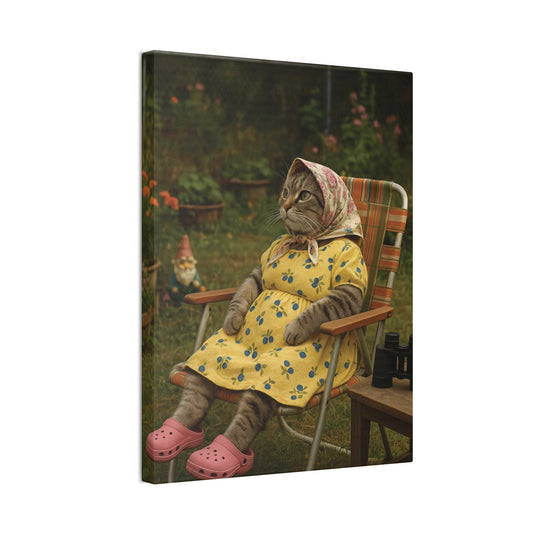 Babushka Cat Backyard Birding, Nostalgic  Kitschy Cat Art Canvas