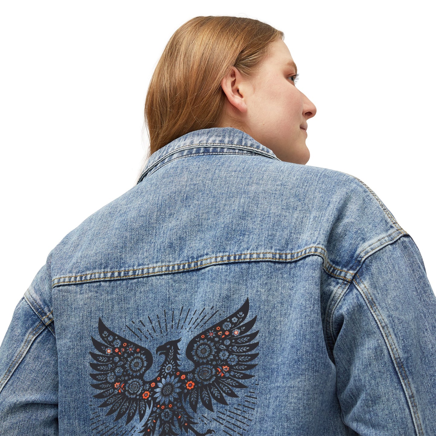 Polish Folk  Eagle Art Women's Denim Jacket Wycinanki Pattern