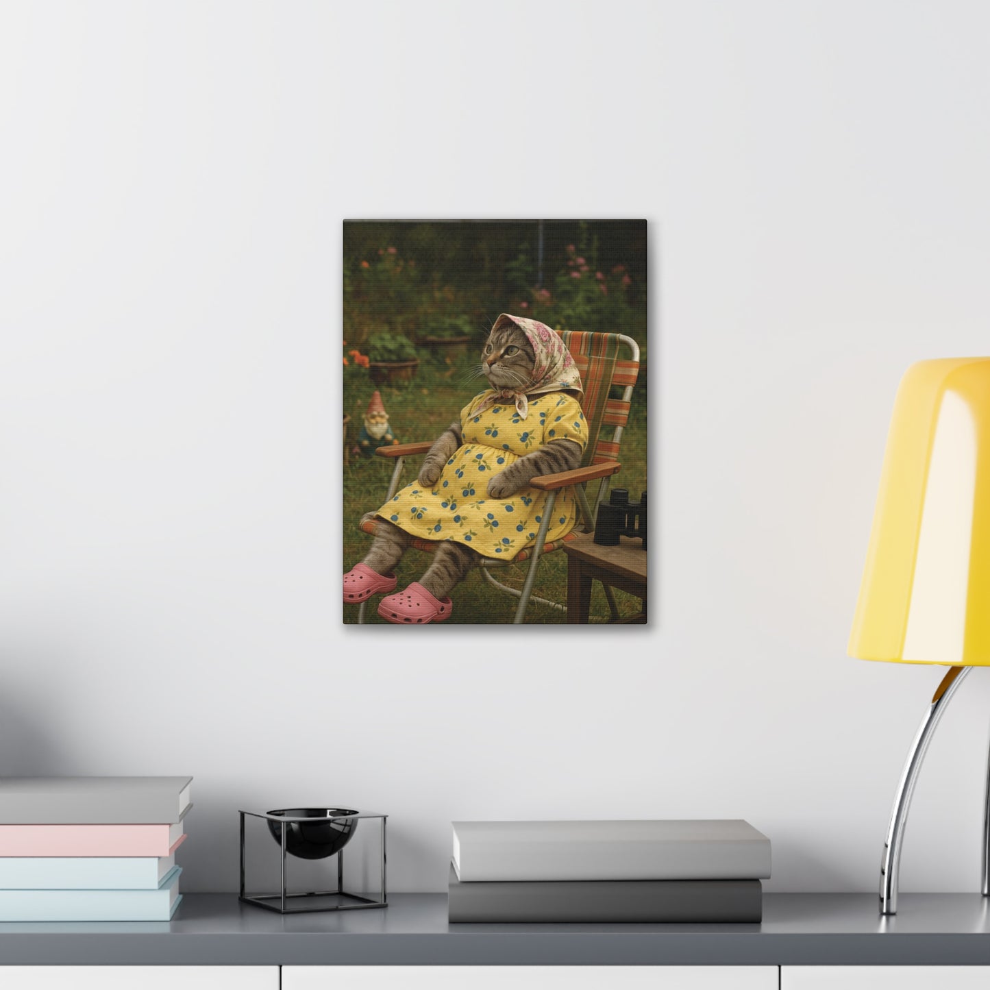 Babushka Cat Backyard Birding, Nostalgic  Kitschy Cat Art Canvas