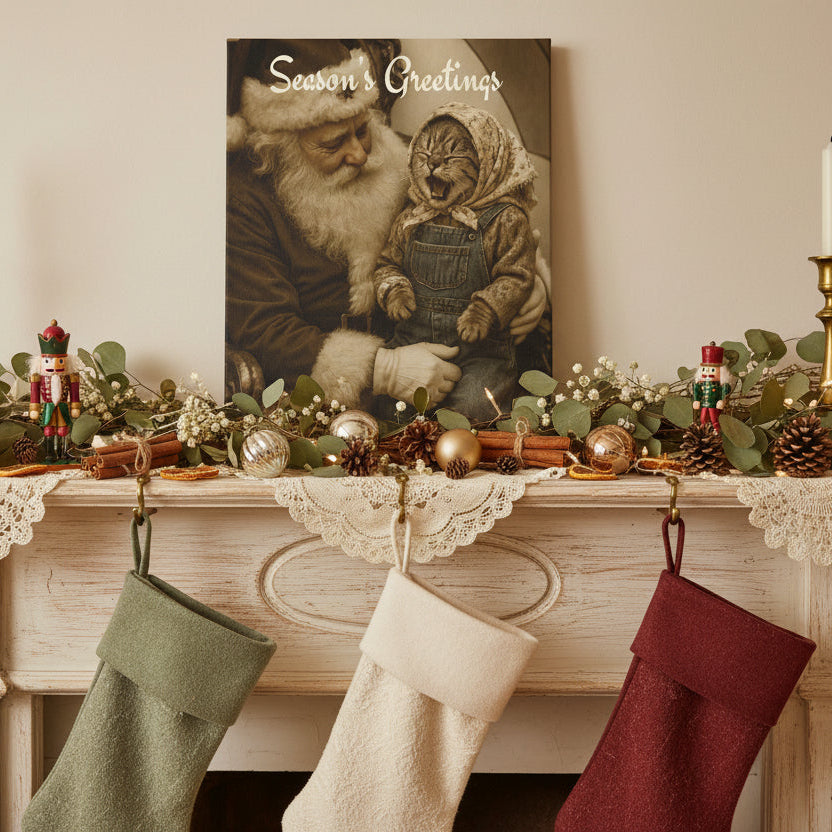 Babushka Cat on Santa's Lap Nostalgic Kitschy Cat Art Canvas