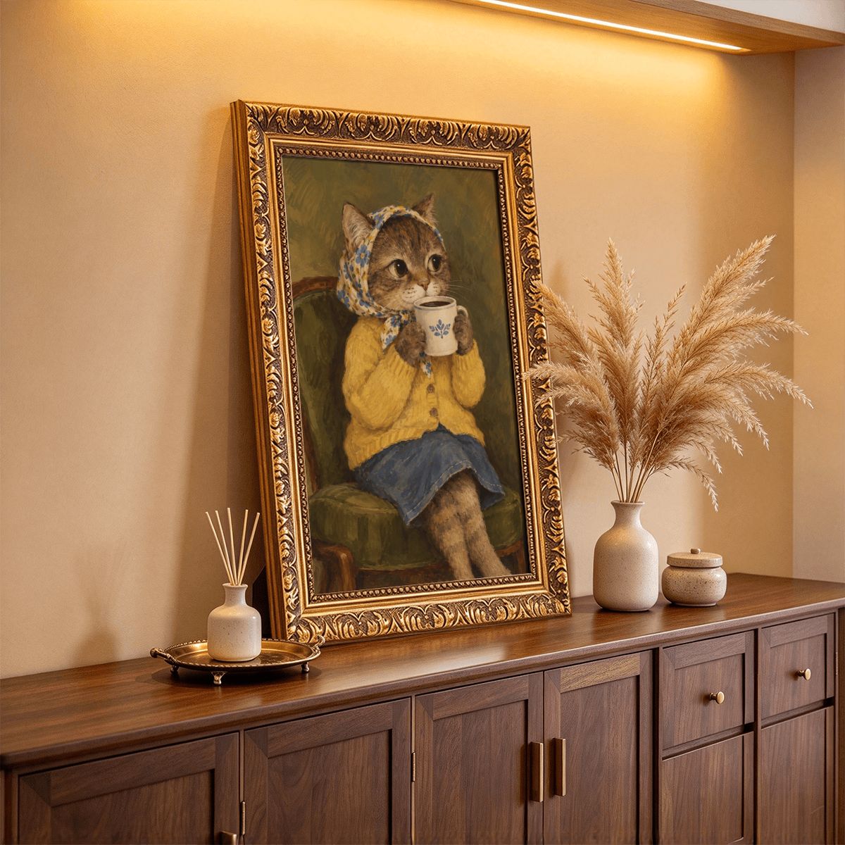 Babushka Cat Vintage Gold Frame Canvas, Sipping Coffee