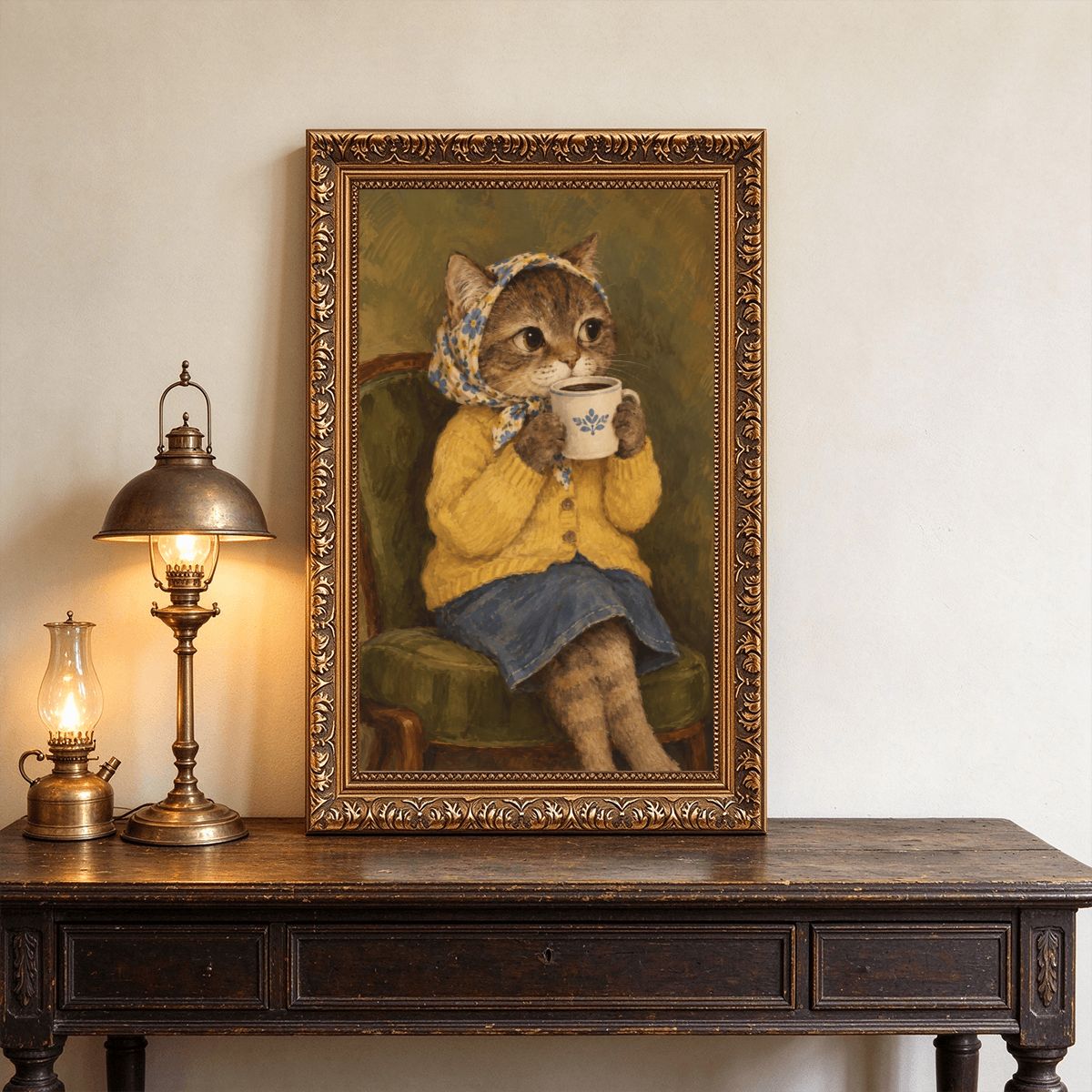 Babushka Cat Vintage Gold Frame Canvas, Sipping Coffee