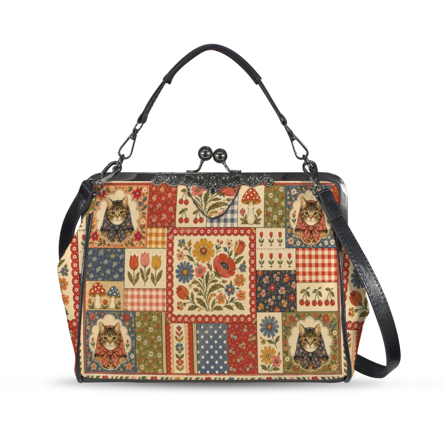 Babushka Cat Pretty Patchwork Kisslock Crossbody Shoulder Bag(Model 1752)