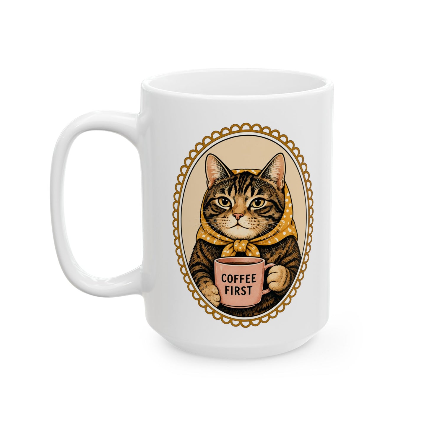 Babushka Cat Coffee First Cameo Mug 11 oz or 15 oz
