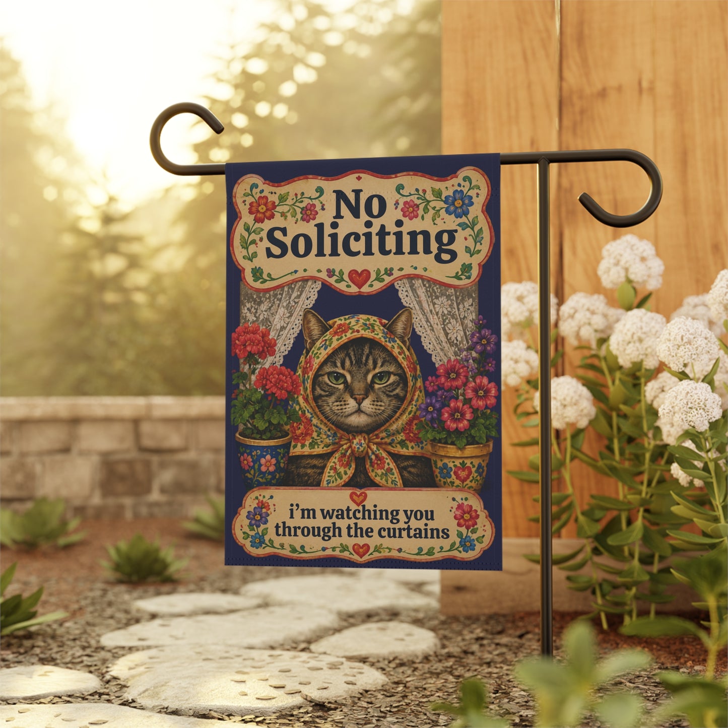 Babushka Cat No Soliciting Humor Garden Flag (no pole)