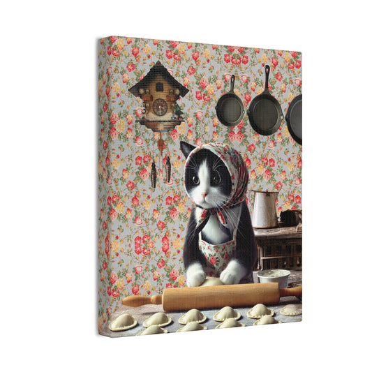 Babushka Cat, Tuxedo Cat Art, Kitty Makes Pierogi,  Kitschy Cat Kitchen Wall Art,  Canvas Wall Art, Nostalgic Polish Art