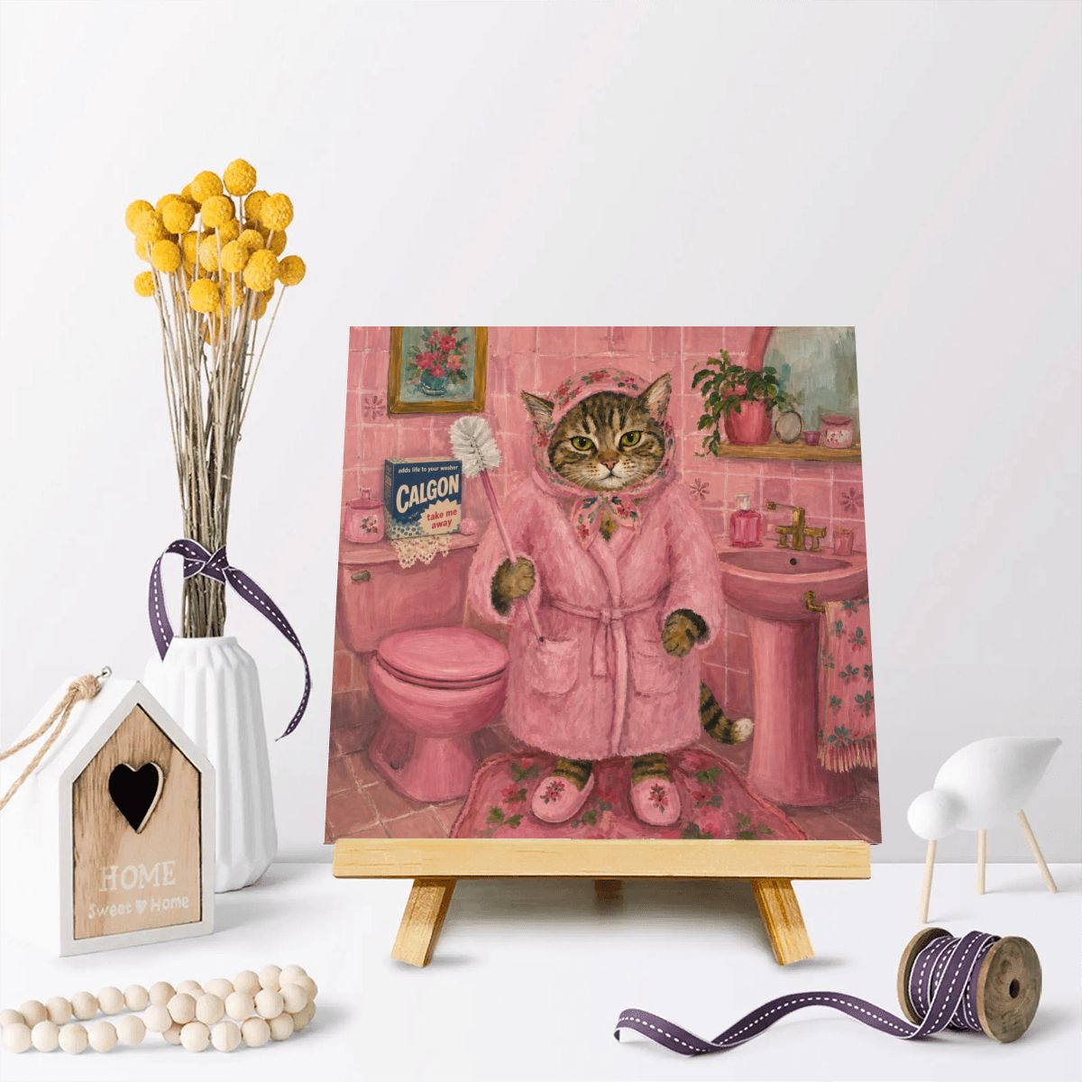 Babushka Cat Pretty in Pink Bathroom Mini Easel Art