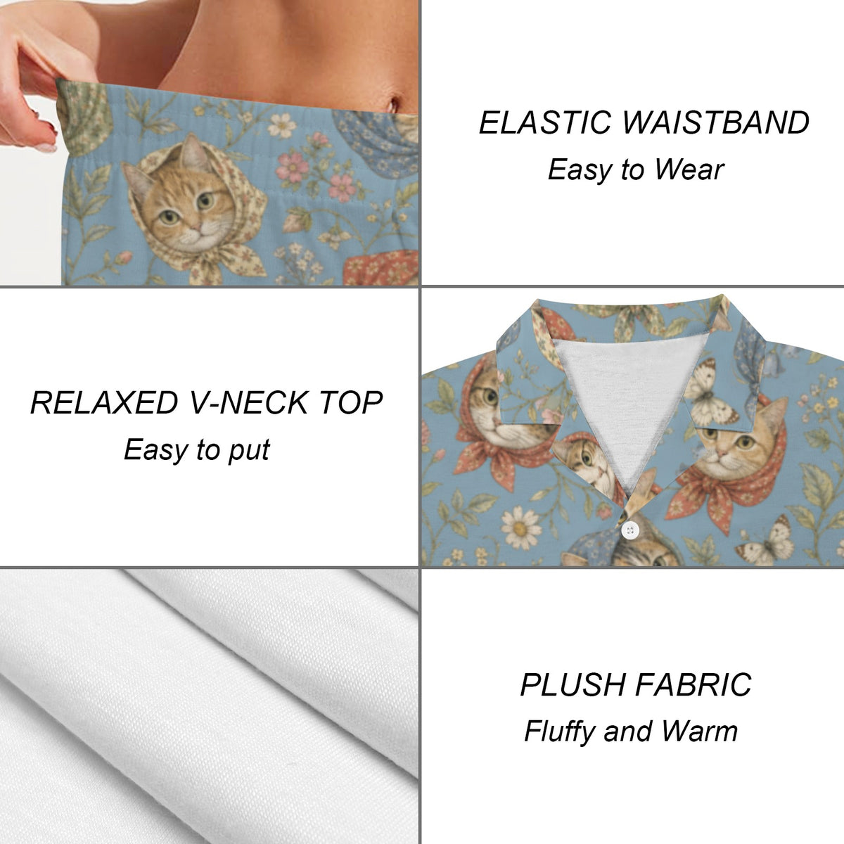 Babushka Cat Heads French Toile Women's V-Neck Short Pajama Set