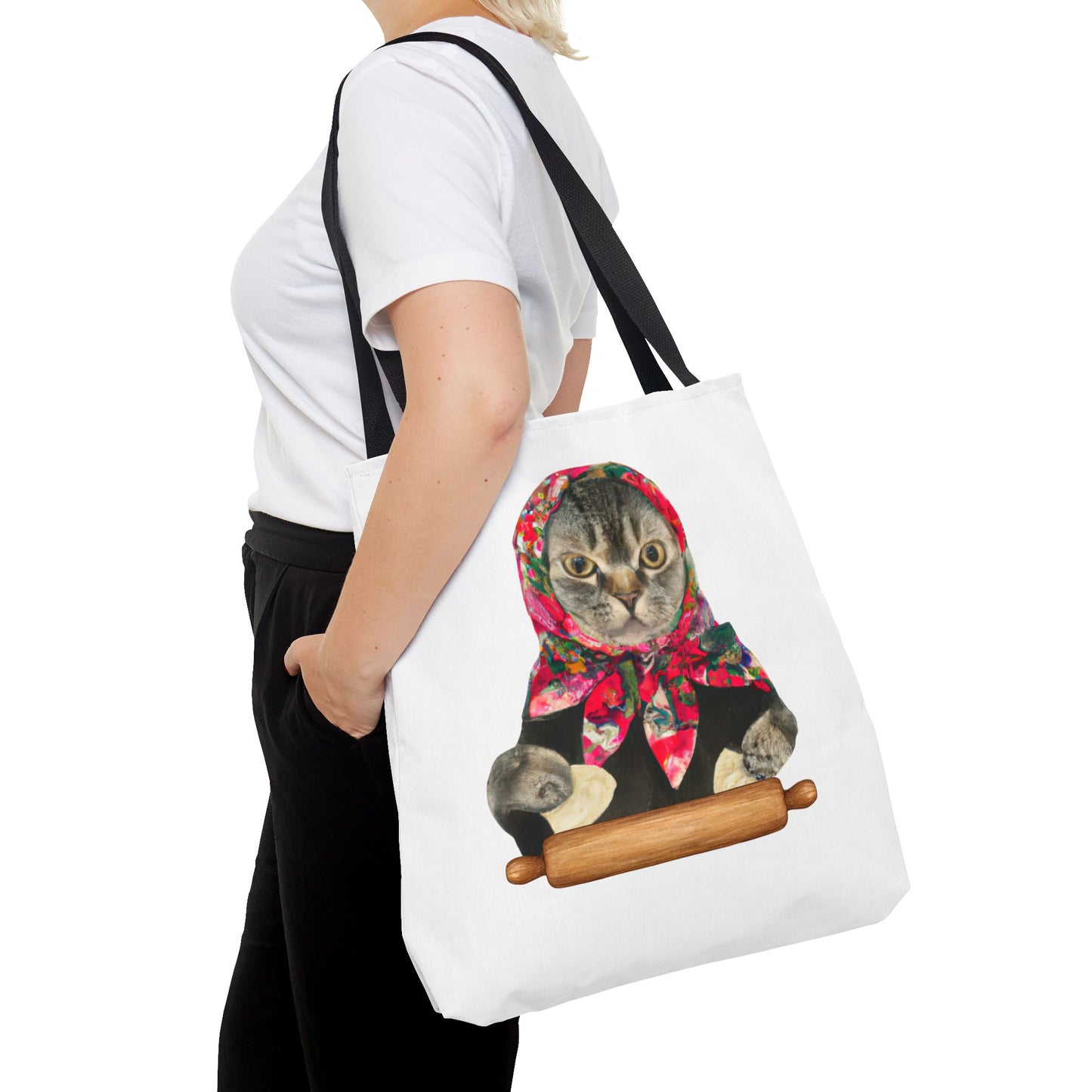 Cat Tote Bag with Babushka Cat and Pierogi Design