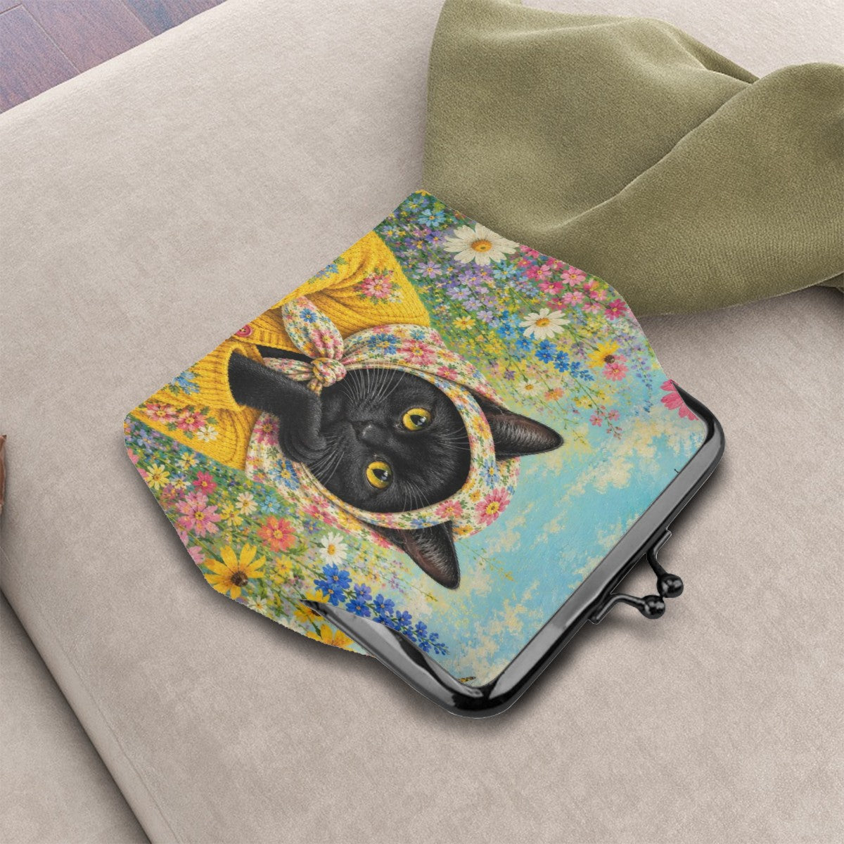 Babushka Cat-Black Cat Flowers and Happy Thoughts Kiss Lock Coin Purse