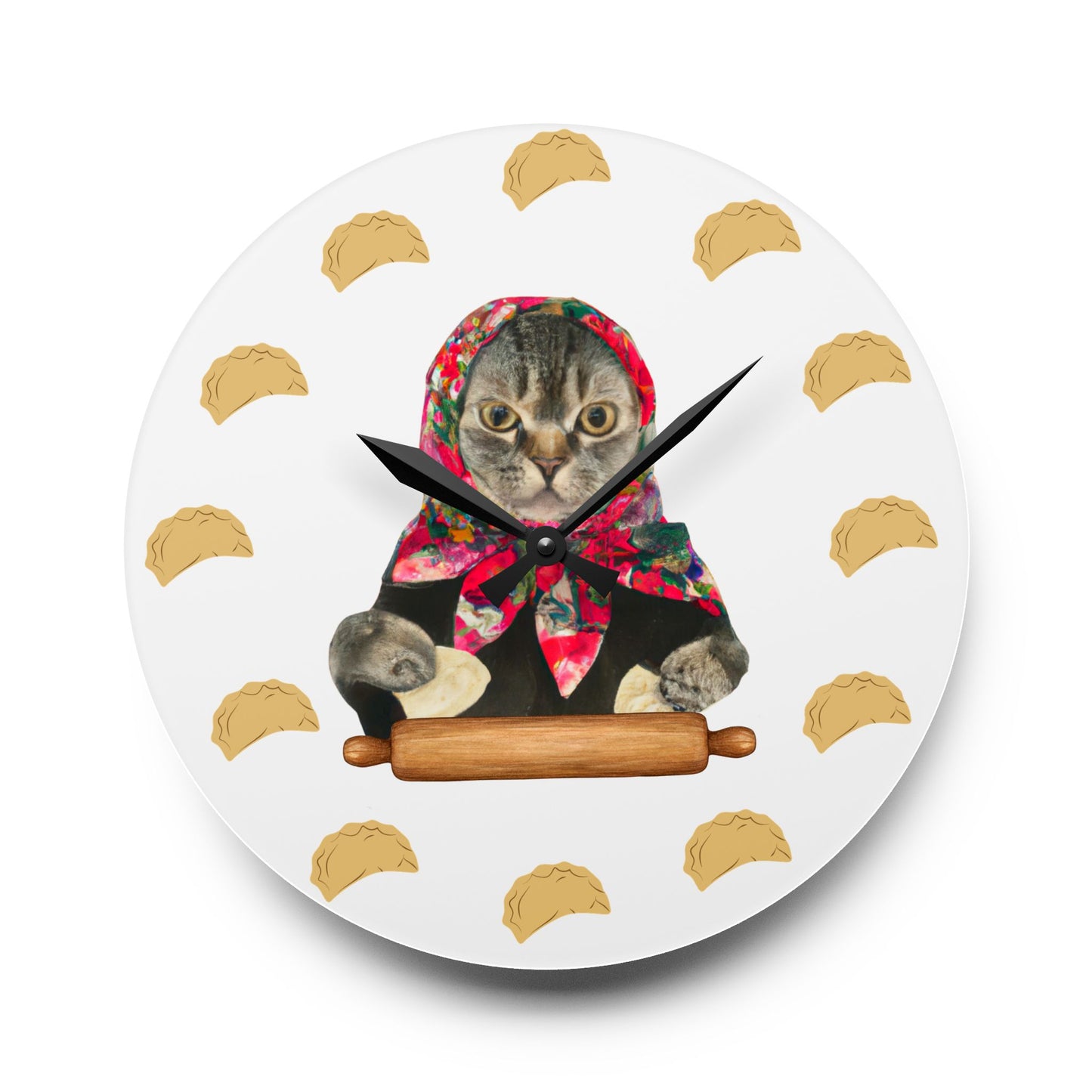 Babushka Cat Kitschy Wall Clock, Pierogi Clock, Acrylic Wall Clock 10.75"