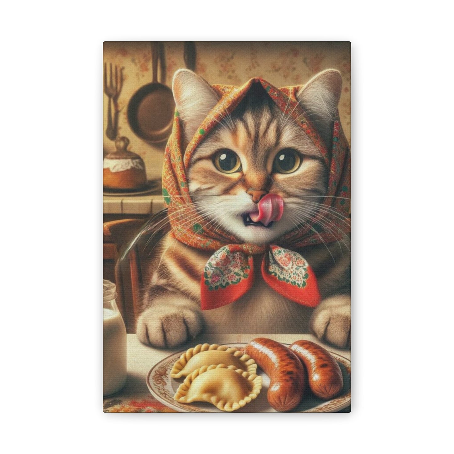 Babushka Cat Eats Kielbasa and Pierogi