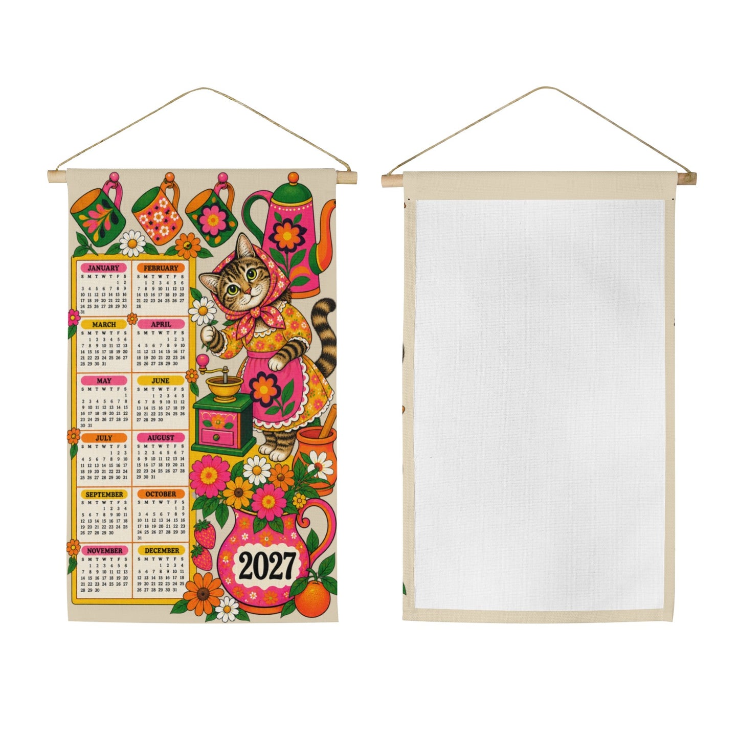 Babushka Cat 2027 VIntage Pink Kitsch Fabric Wall Calendar