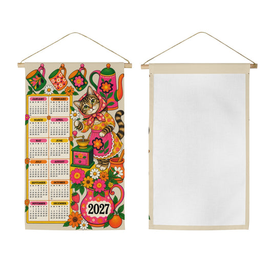 Babushka Cat 2027 VIntage Pink Kitsch Fabric Wall Calendar