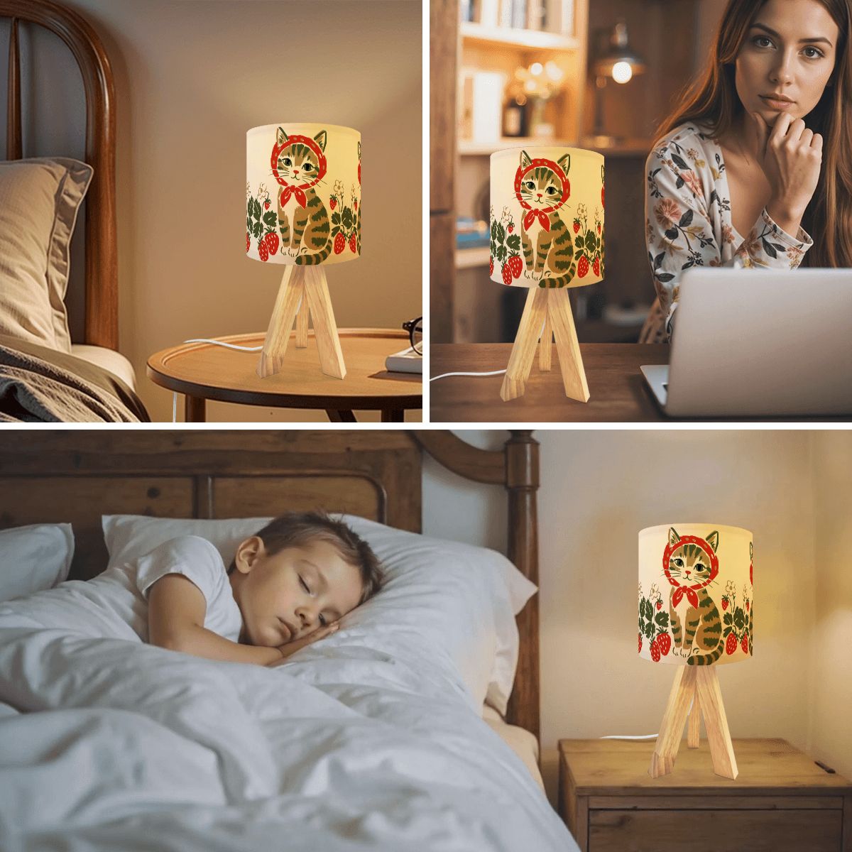 Babushka Cat Strawberry Cottagecore Tripod Table Lamp