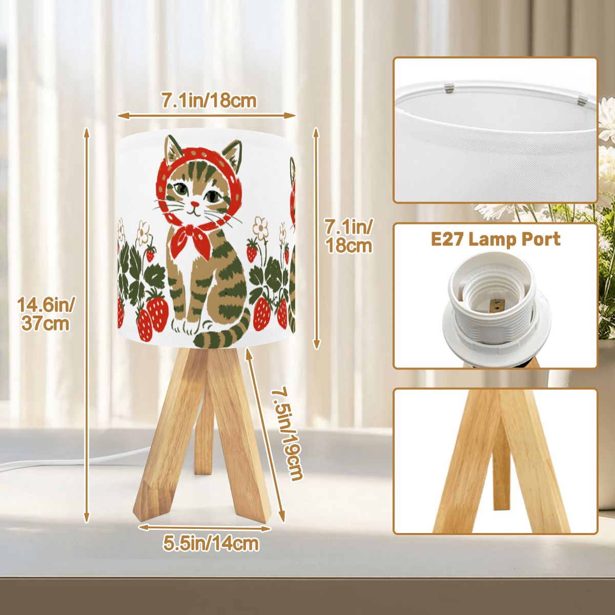 Babushka Cat Strawberry Cottagecore Tripod Table Lamp
