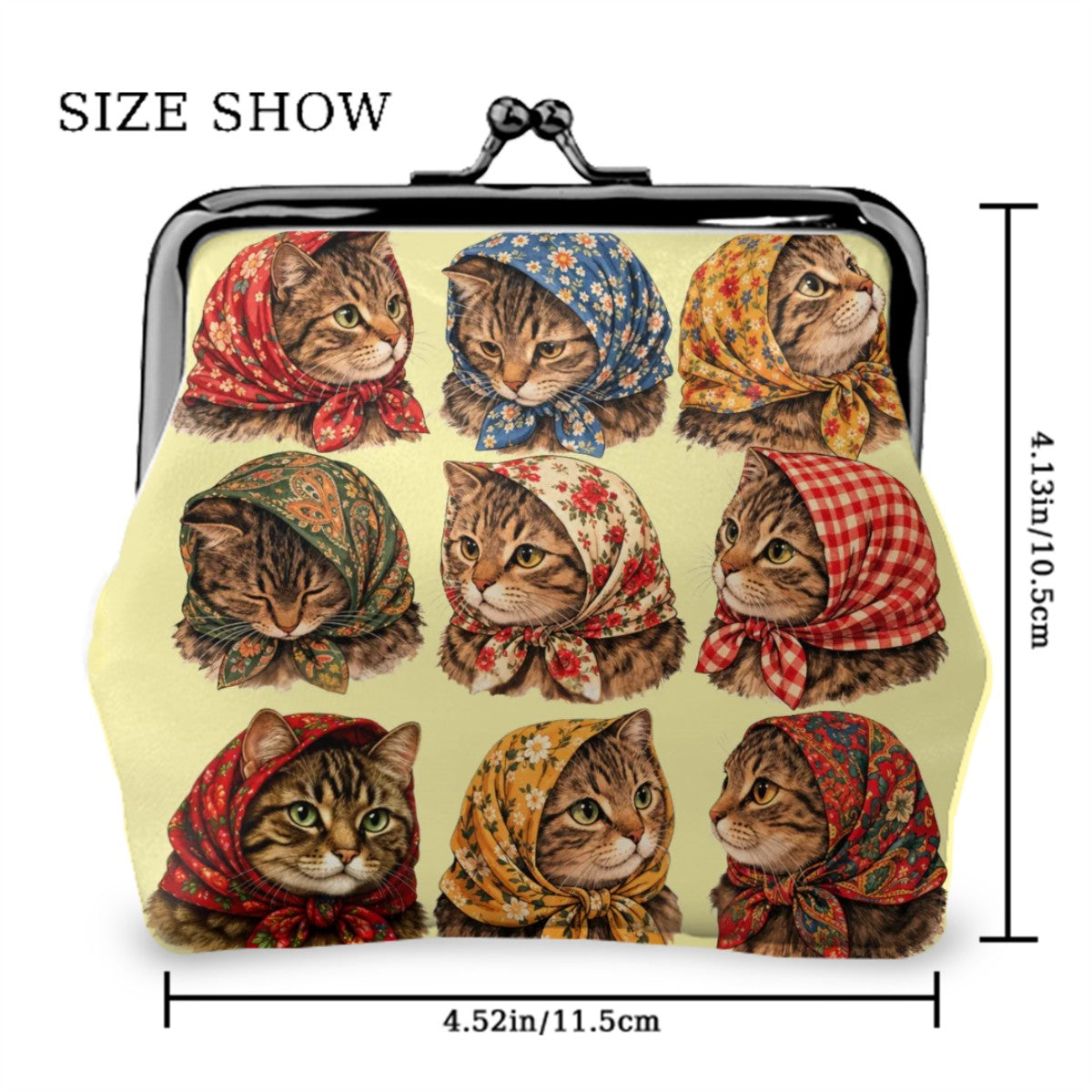 Babushka Cat Heads Women's Leather Kiss Lock Coin Purse