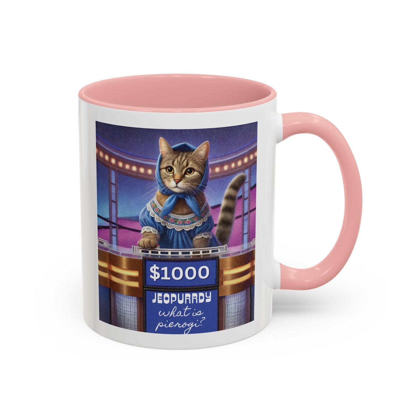 Babushka Cat Does Gameshow, Kitschy Cat Accent Coffee Mug (11 oz)