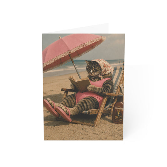 Babushka Cat Beach Time Greeting Cards Set of 10-Blank Inside
