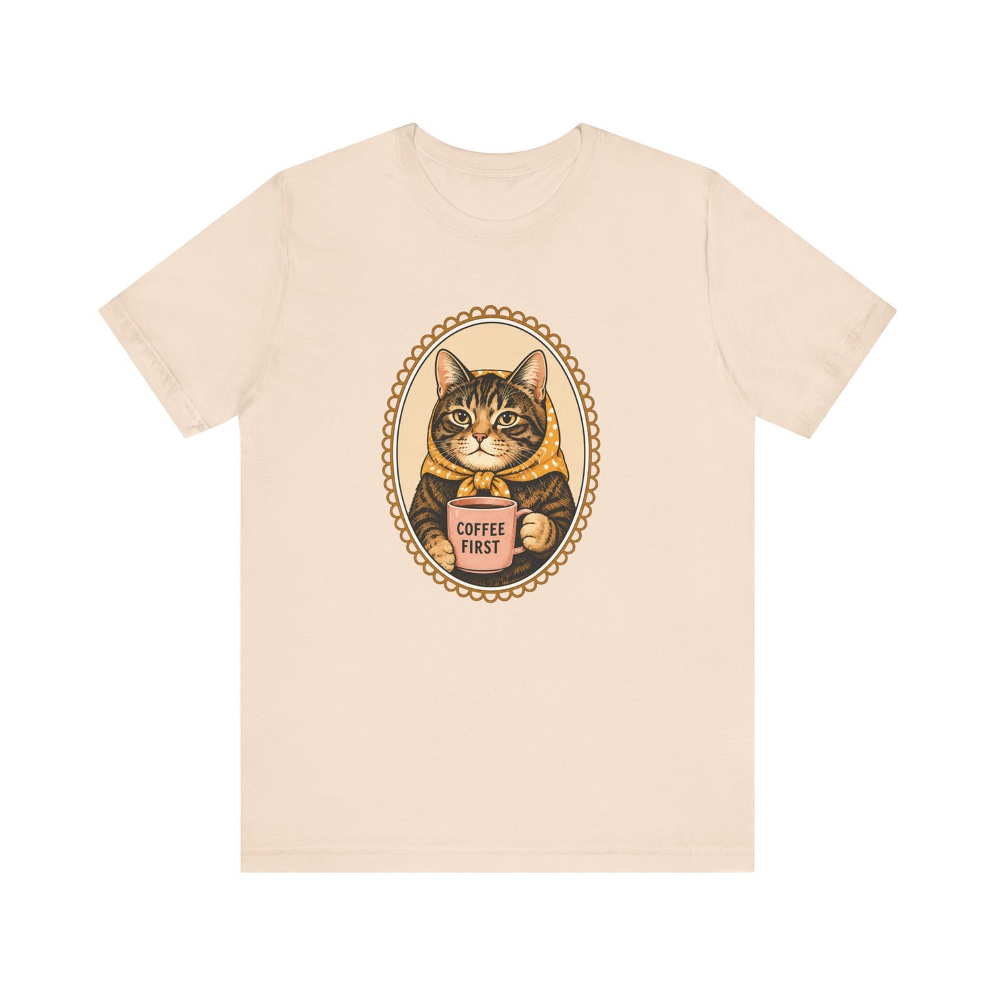 Babushka Cat Coffee First Cameo Design Tee