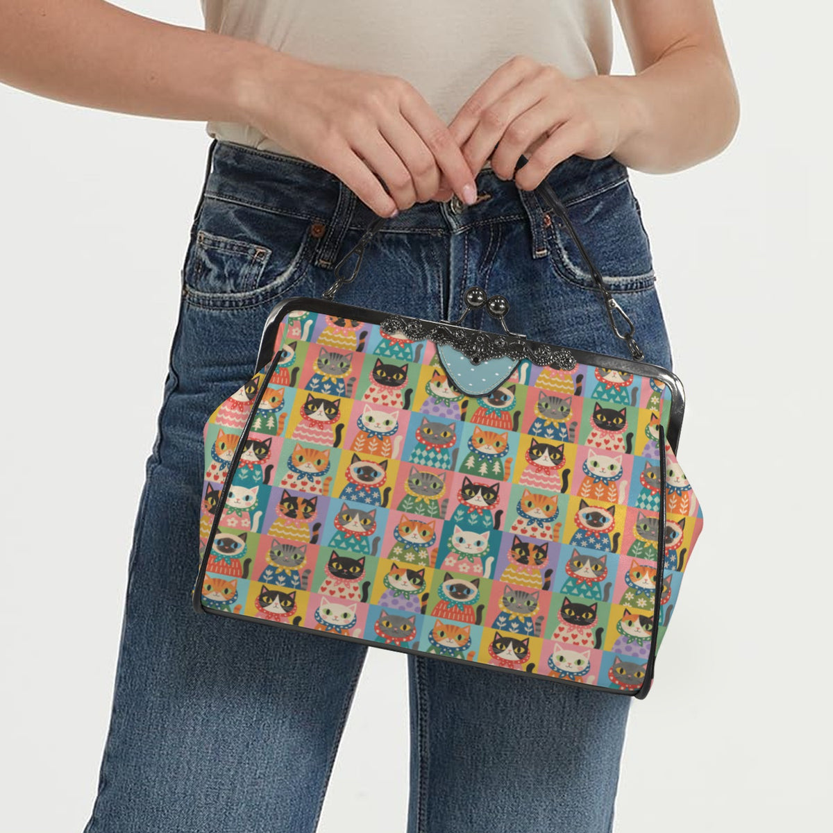 Babushka Cat Colorful Kitsch Cats Vintage Style Kisslock Purse