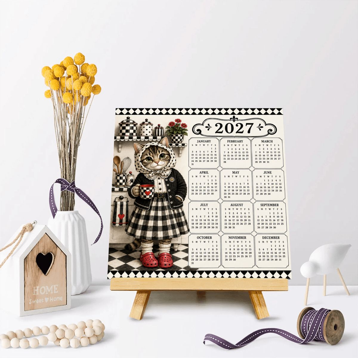 Babushka Cat Black and White  Mini 2027 Calendar Wood Block Sign – 8" x 8"