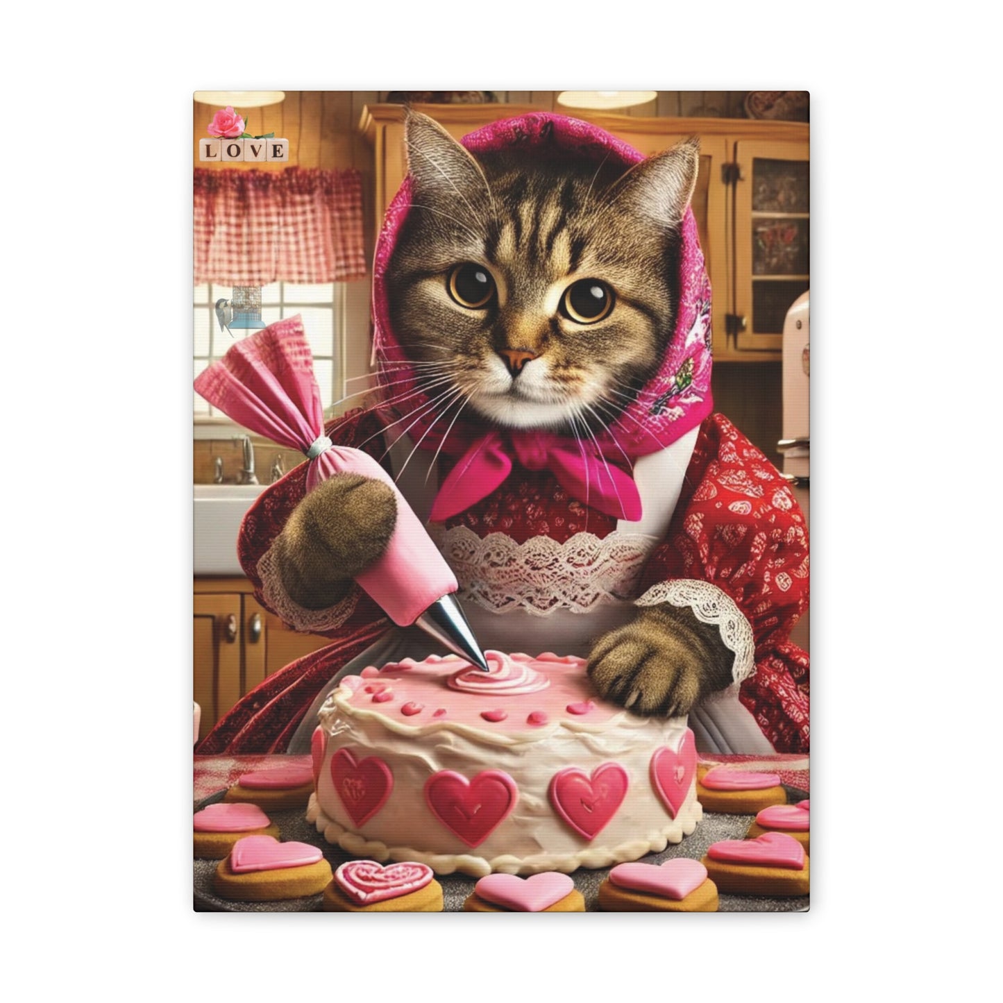 Babushka Cat Valentine Sweets Charming, Kitschy Wall Art, Canvas