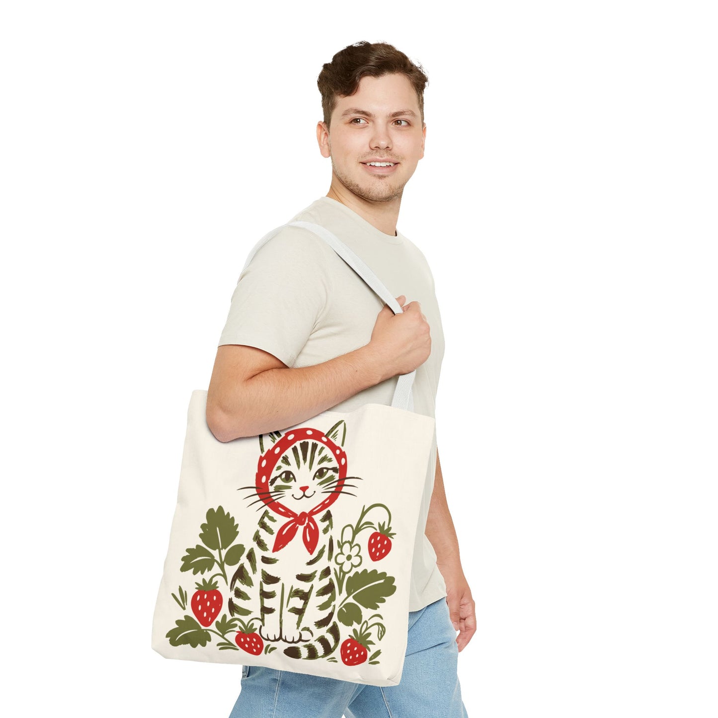 Babushka Cat Strawberry Patch Tabby Cat Tote Bag (AOP)