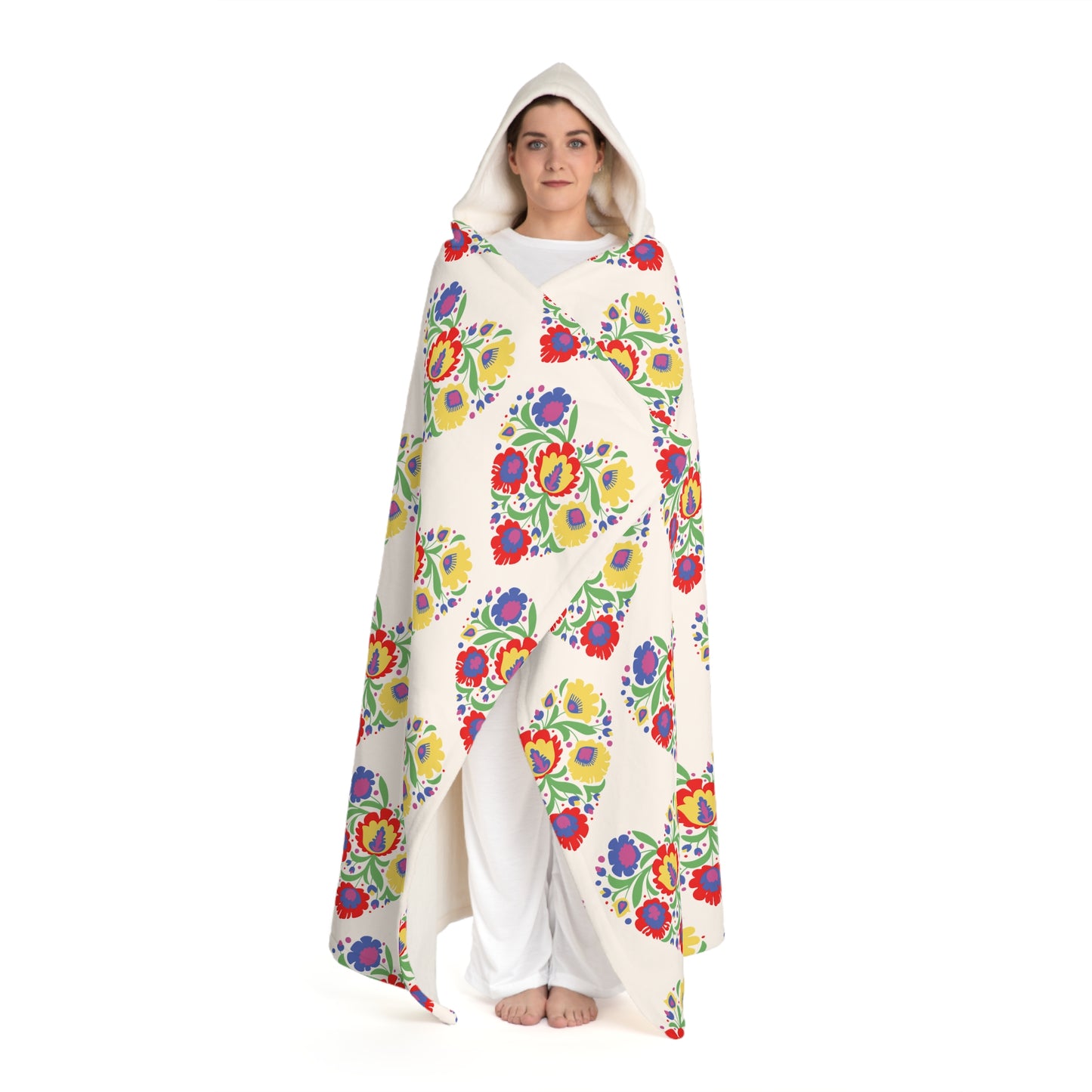 Cozy Cottage Style  Hooded Sherpa Fleece Blanket Floral Heart Wycinanki Design, Polish Folk Art