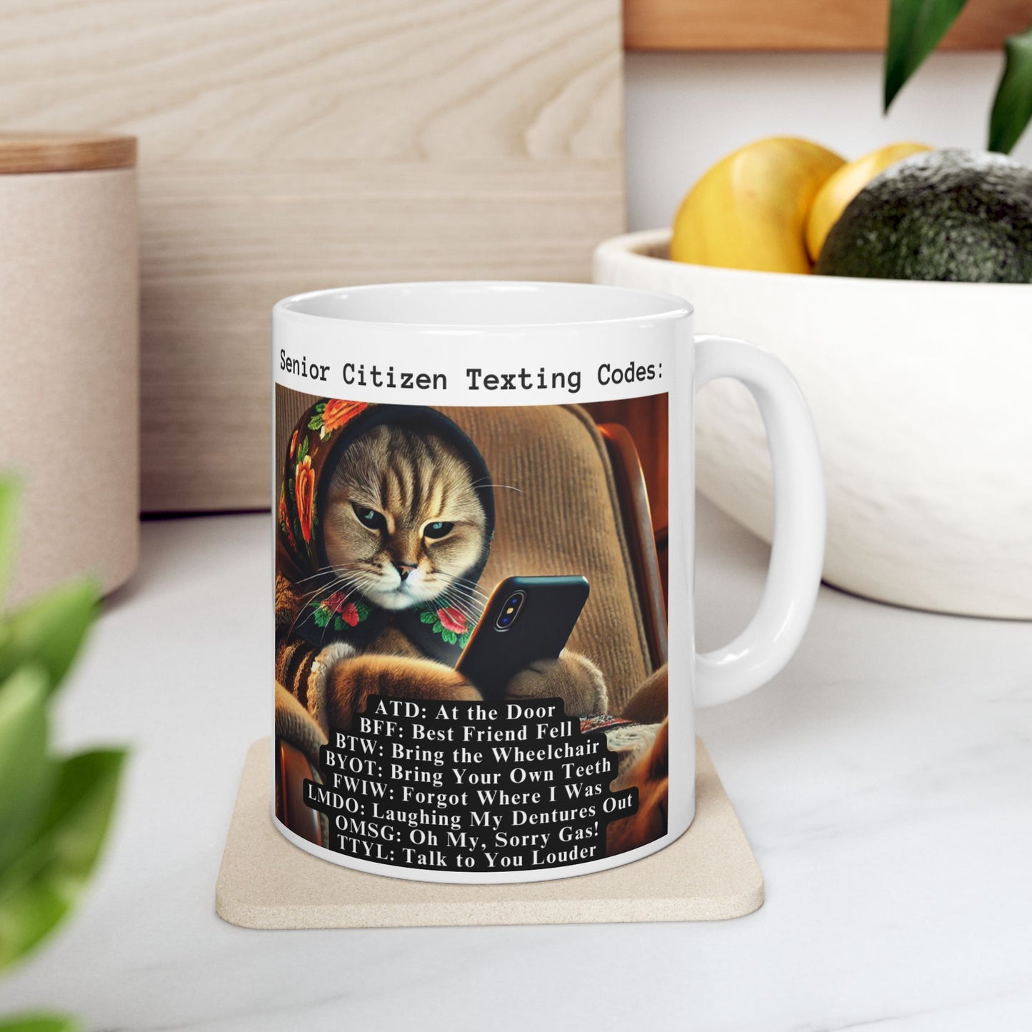 Babushka Cat Senior Citizen Texting Codes, Funny Kitschy Ceramic Mug