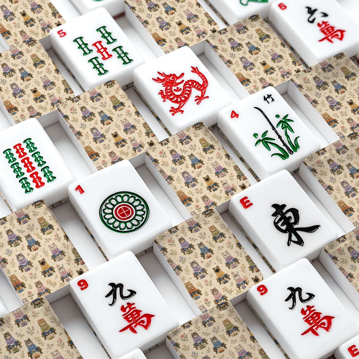 Babushka Cat Pretty on the Bench Floral Traditional American Mahjong Tile Set