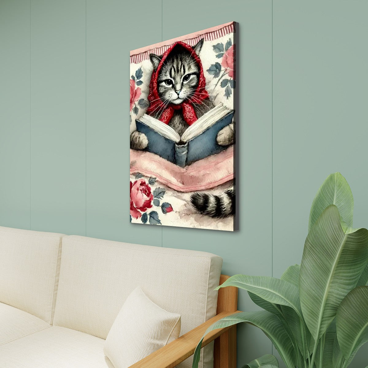 Babushka Cat Reads Canvas Print Wall Art