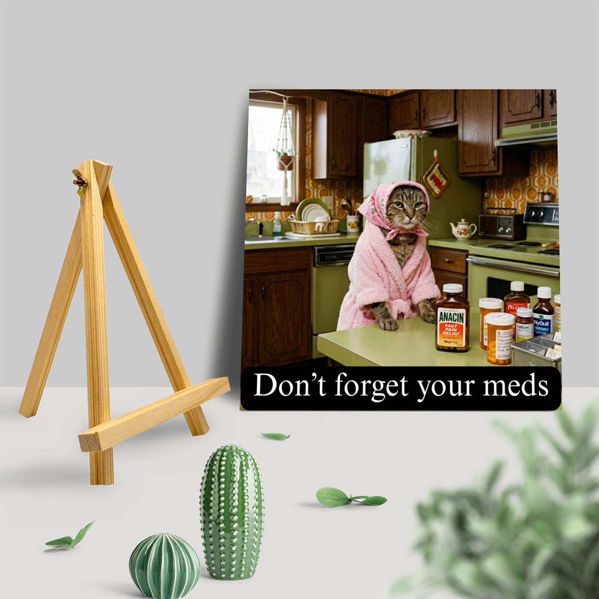 Babushka Cat Medication Reminder Funny Easel Art