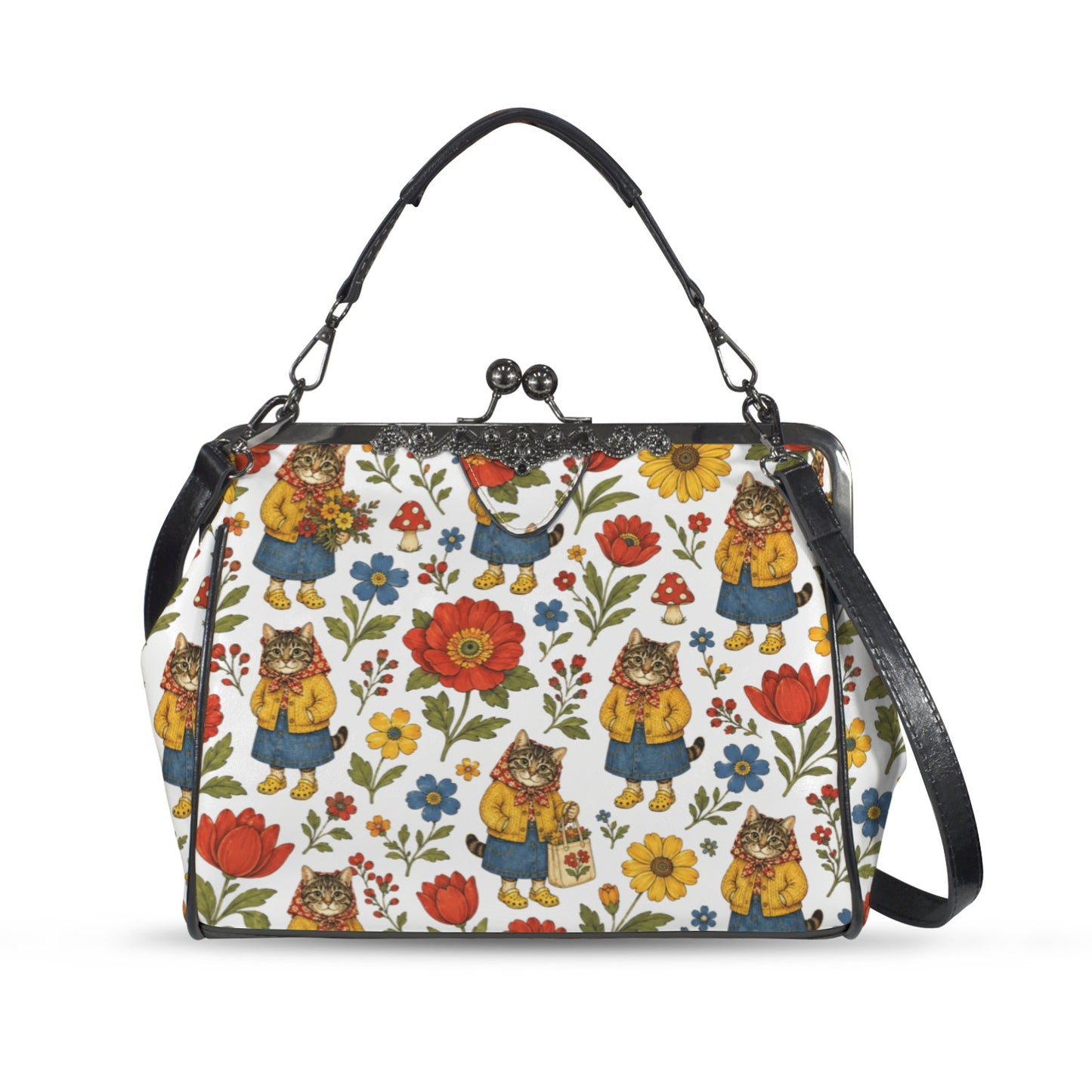 Babushka Cat Cardigans and Clogs Vintage Style Kisslock Purse