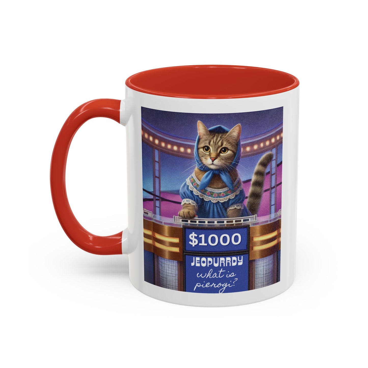 Babushka Cat Does Gameshow, Kitschy Cat Accent Coffee Mug (11 oz)