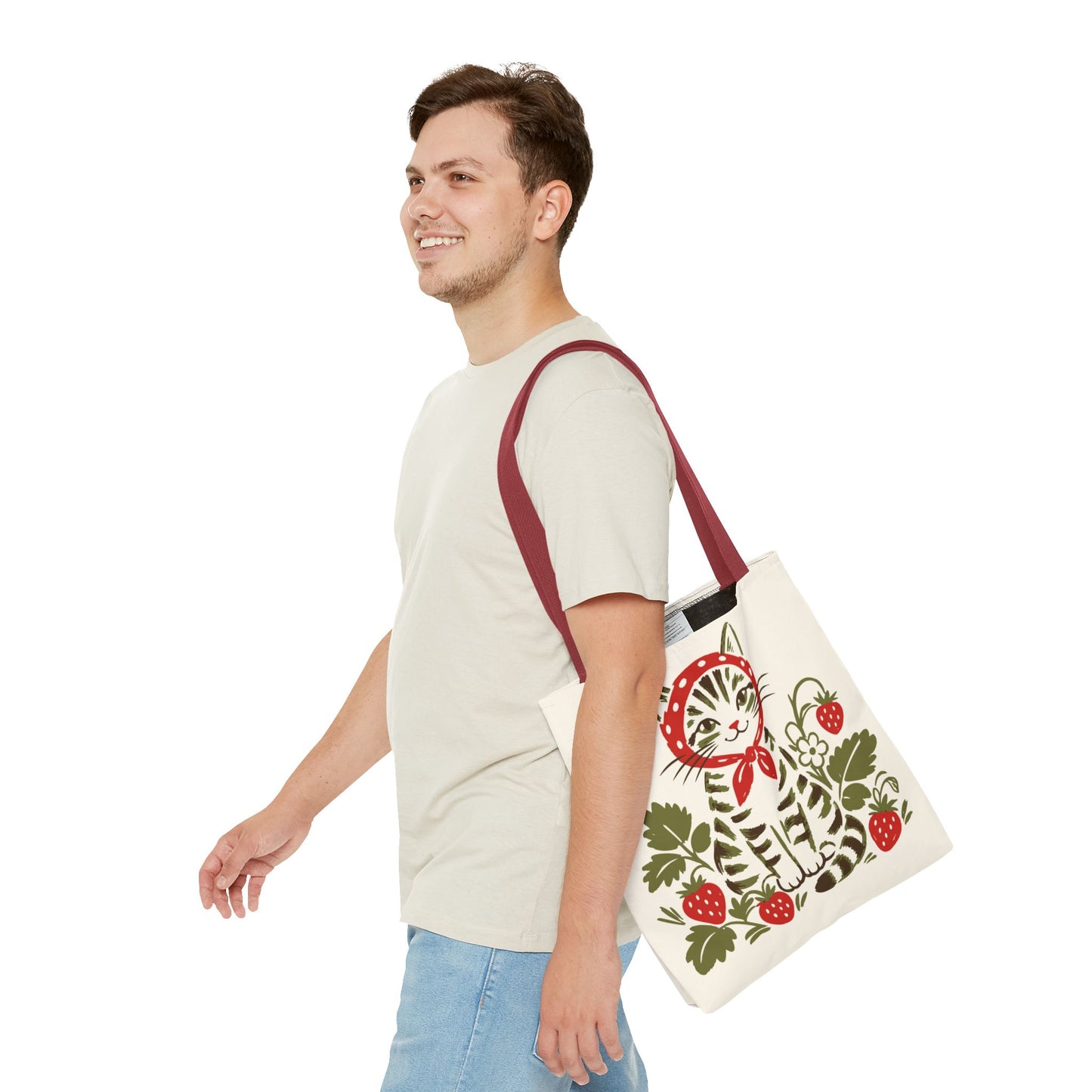 Babushka Cat Strawberry Patch Tabby Cat Tote Bag (AOP)