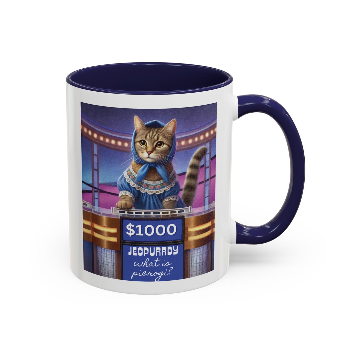 Babushka Cat Does Gameshow, Kitschy Cat Accent Coffee Mug (11 oz)