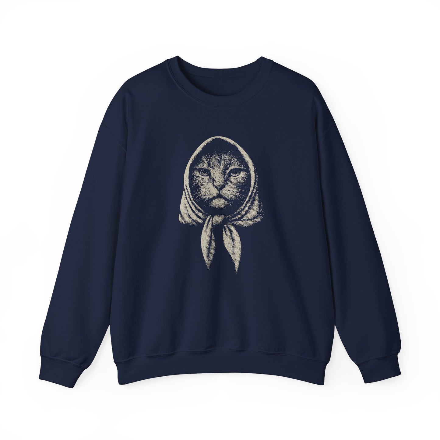 Babushka Cat Artsy Etched Linocut Crewneck Sweatshirt