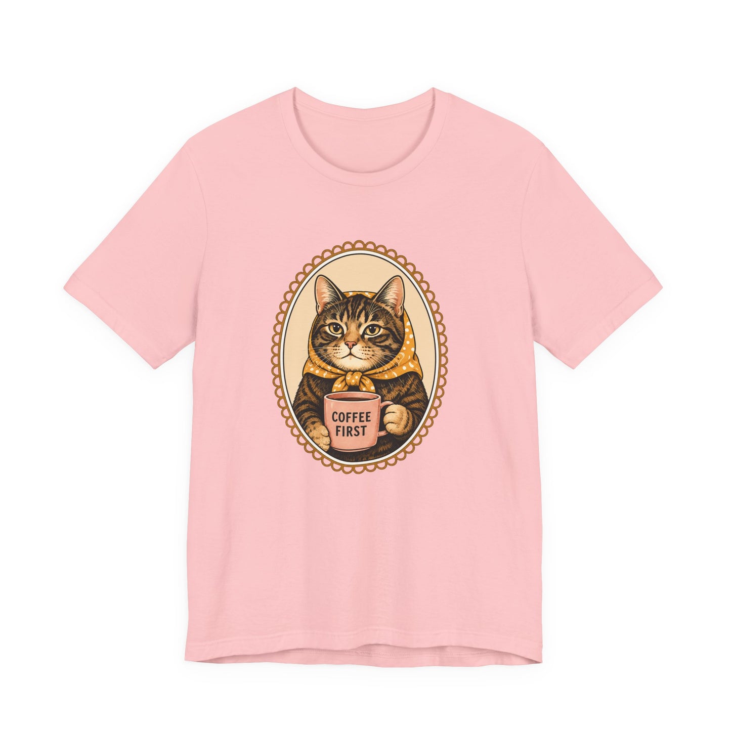 Babushka Cat Coffee First Cameo Design Tee