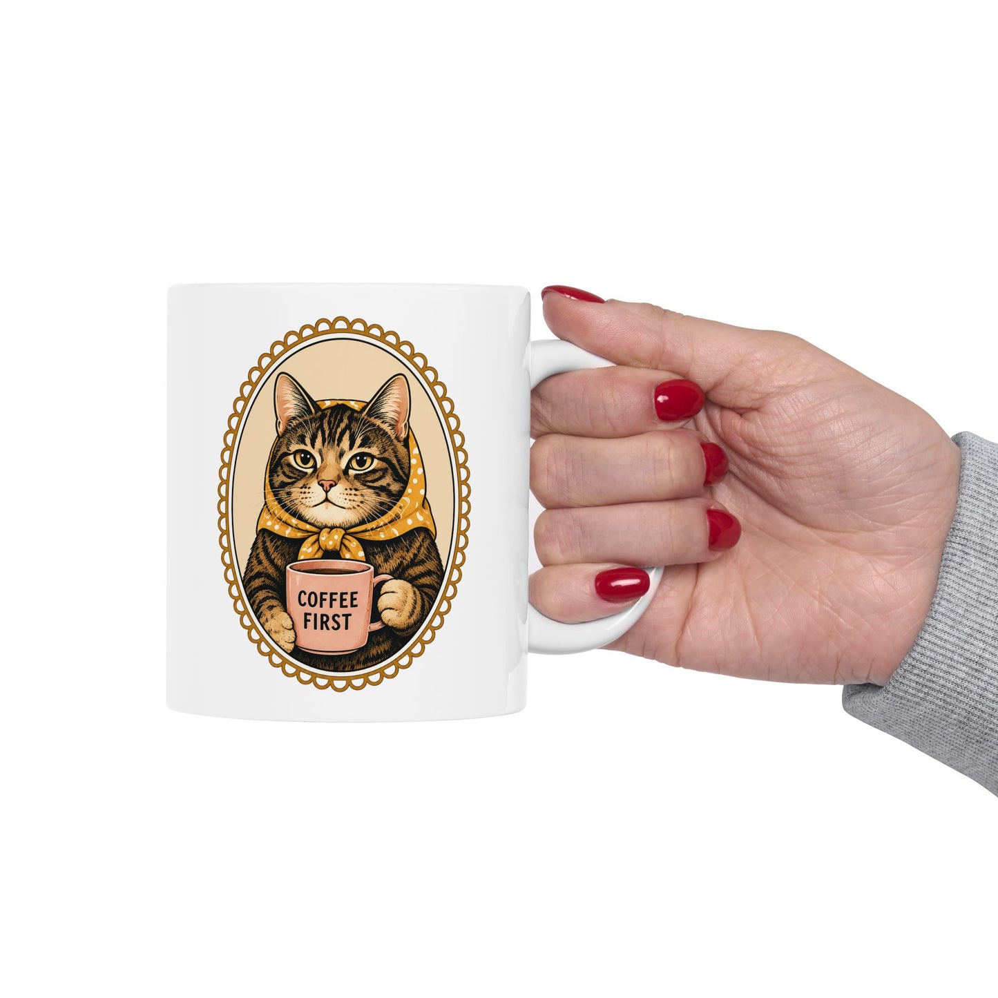 Babushka Cat Coffee First Cameo Mug 11 oz or 15 oz