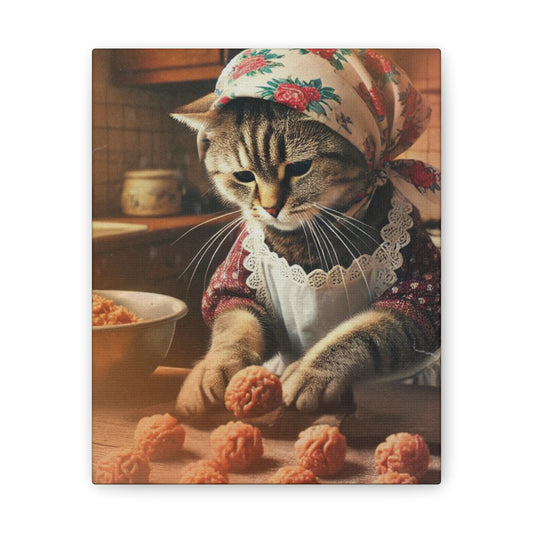 Babushka Nonna Cat Rolling Meatballs,  Kitty Kitschy Cat Art, Italian Nostalgia